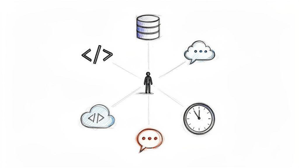 Un desarrollador de pila completa conectado a bases de datos, código, servicios en la nube y comunicación.