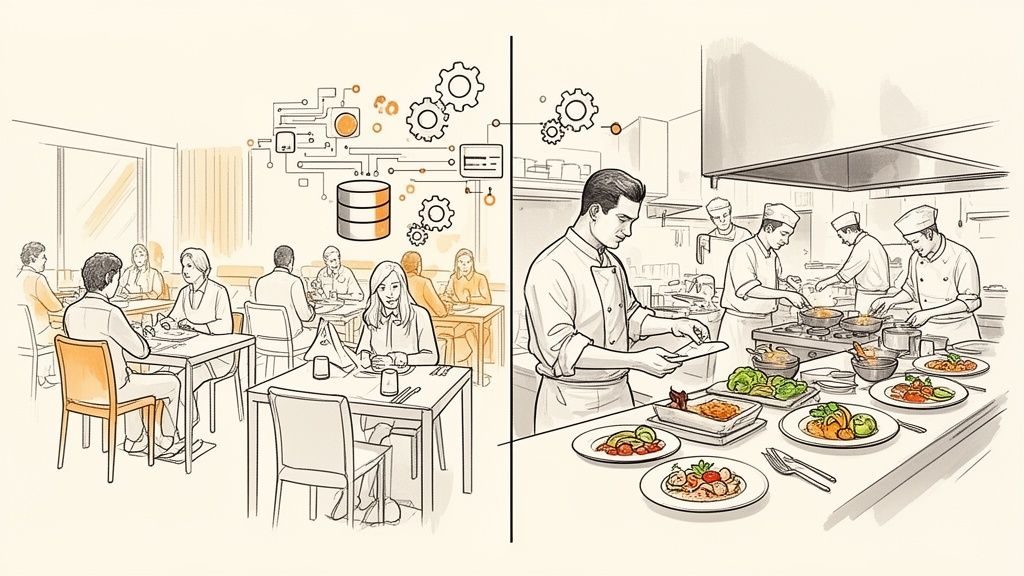 Representación de un restaurante moderno con clientes y chefs, mostrando la integración de datos y tecnología en la gestión de servicios.