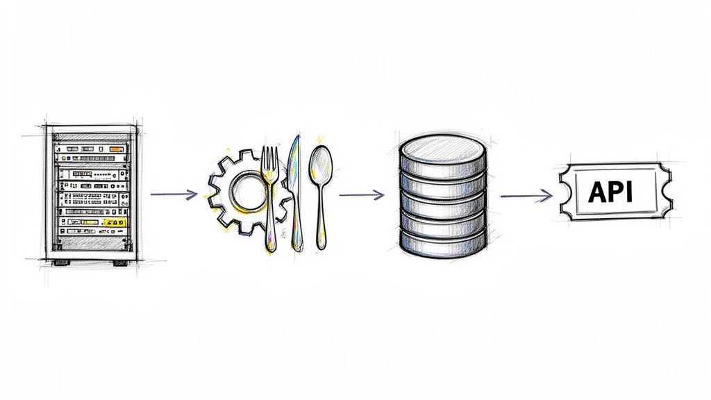 Diagrama ilustrativo de la arquitectura backend mostrando un servidor, lógica de aplicación, base de datos y API.