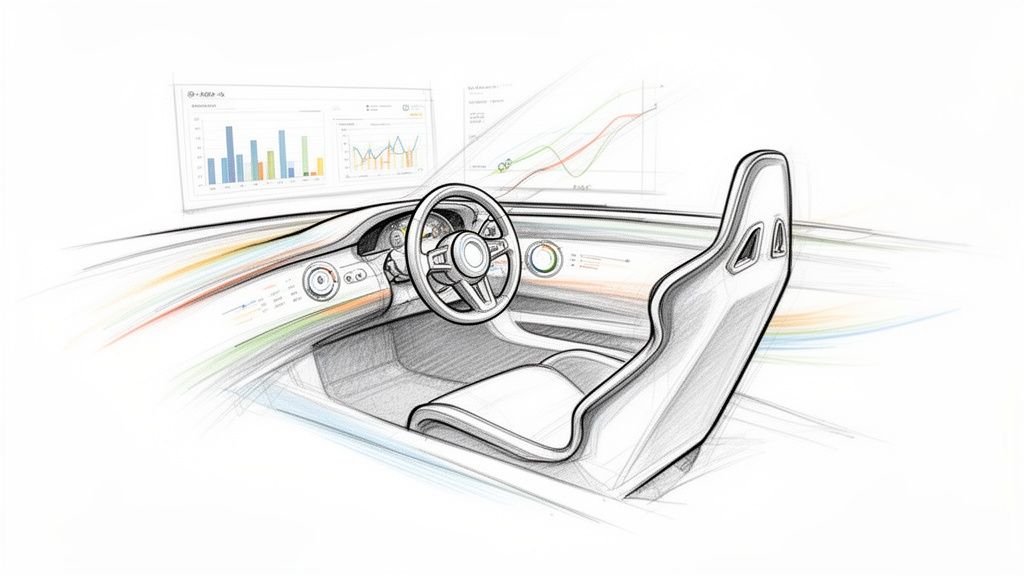 Boceto detallado del interior de un coche futurista con volante, asiento deportivo y pantallas de datos holográficas mostrando gráficos.