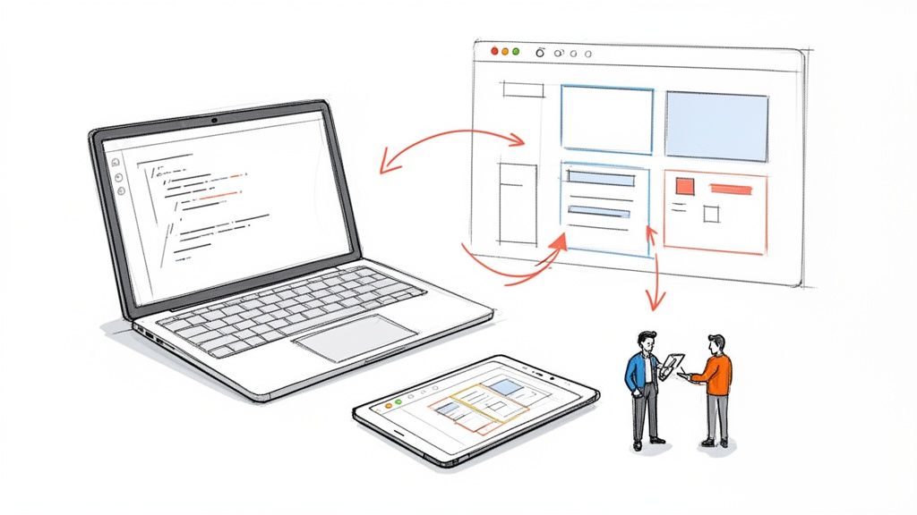 Ilustración de desarrollo frontend mostrando código en un laptop, diseño de interfaz y colaboración.
