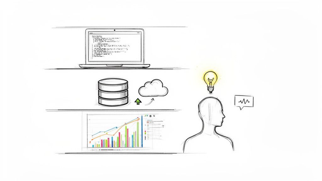 Ilustración del flujo de trabajo de la ciencia de datos: código, base de datos, nube, análisis y generación de ideas.