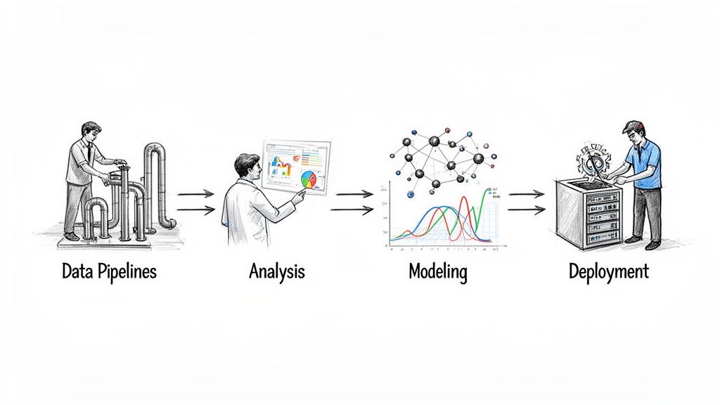 Ilustración del flujo de trabajo de la ciencia de datos: tuberías de datos, análisis, modelado y despliegue.