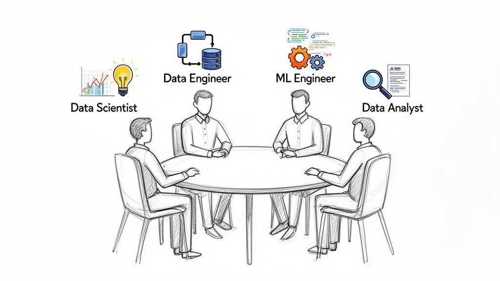 Cuatro profesionales de datos (científico, ingeniero de datos, ingeniero de ML, analista) en una mesa, cada uno con su ícono representativo.