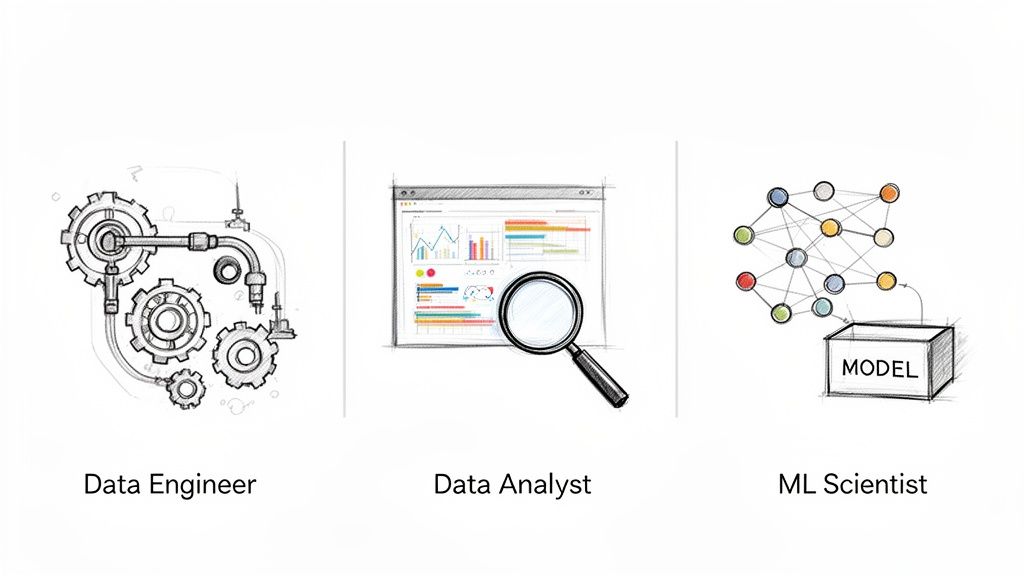 Ilustración de tres roles: ingeniero de datos (engranajes), analista de datos (panel), y científico de ML (red neuronal, modelo).