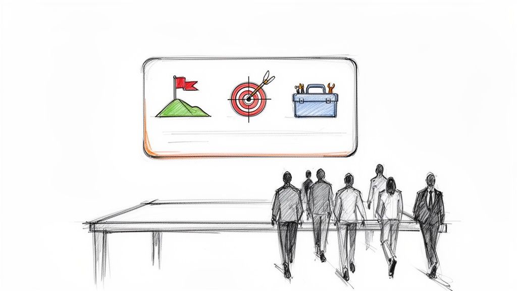 Un grupo de profesionales camina hacia una pantalla con iconos de meta, objetivo y herramientas.