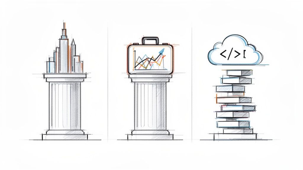 Tres pilares ilustrados simbolizan ciudad, crecimiento de negocios y tecnología en la nube con código.