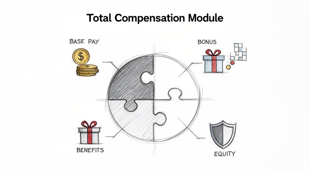 Diagrama de rompecabezas de compensación total con salario base, bonos, beneficios y capital.