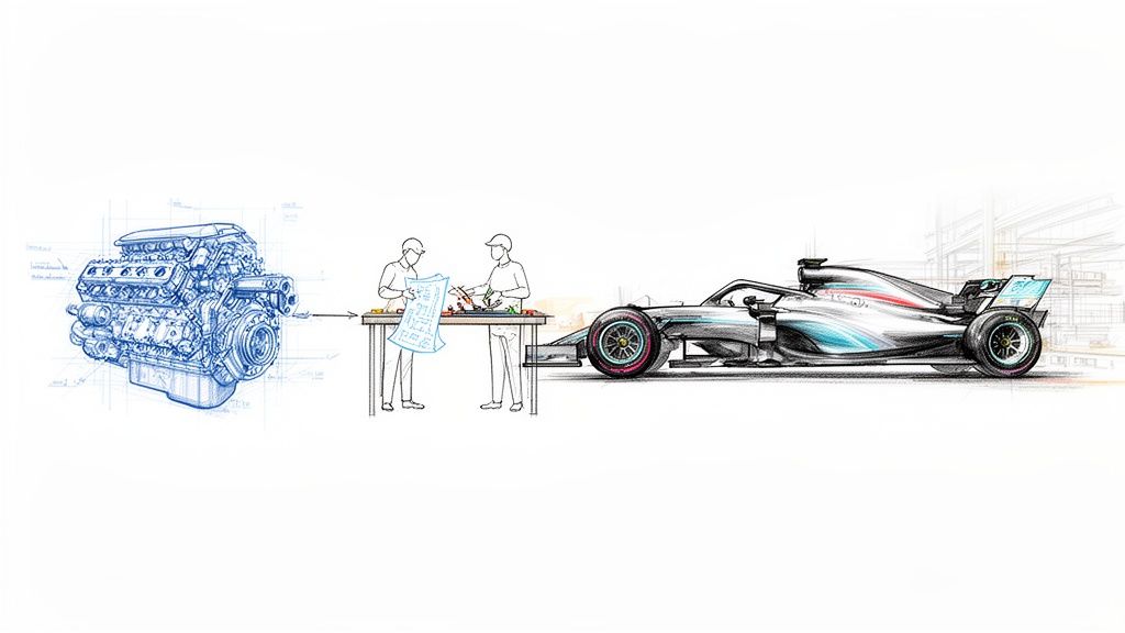 Un plano de motor detallado, ingenieros ensamblando un modelo y un coche de Fórmula 1 terminado.