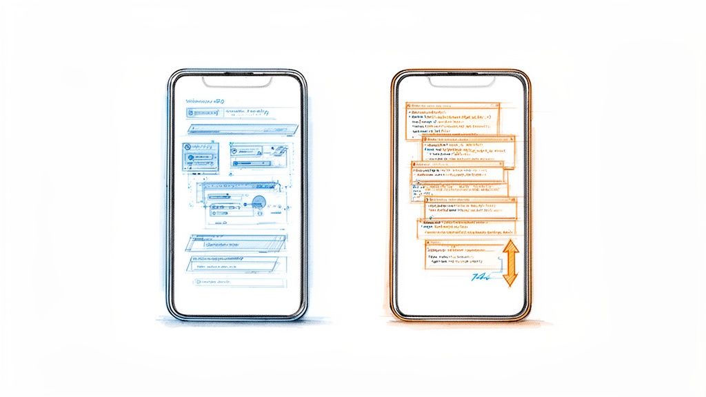 Dos smartphones ilustran el proceso de desarrollo de aplicaciones móviles, desde el diseño (wireframe) hasta el código.