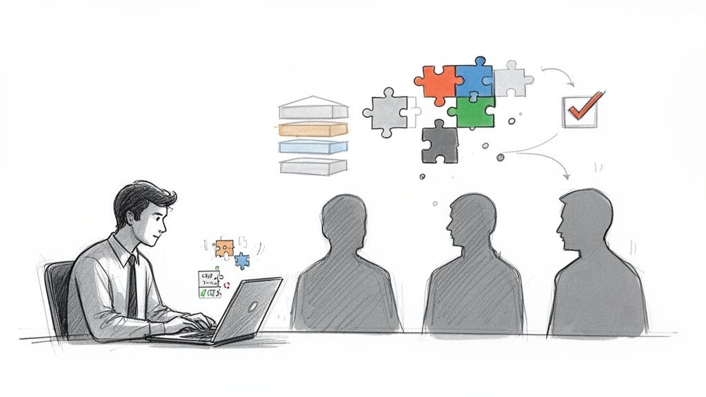 Un hombre en laptop explicando un proceso de desarrollo con capas, rompecabezas y un resultado exitoso a tres figuras.