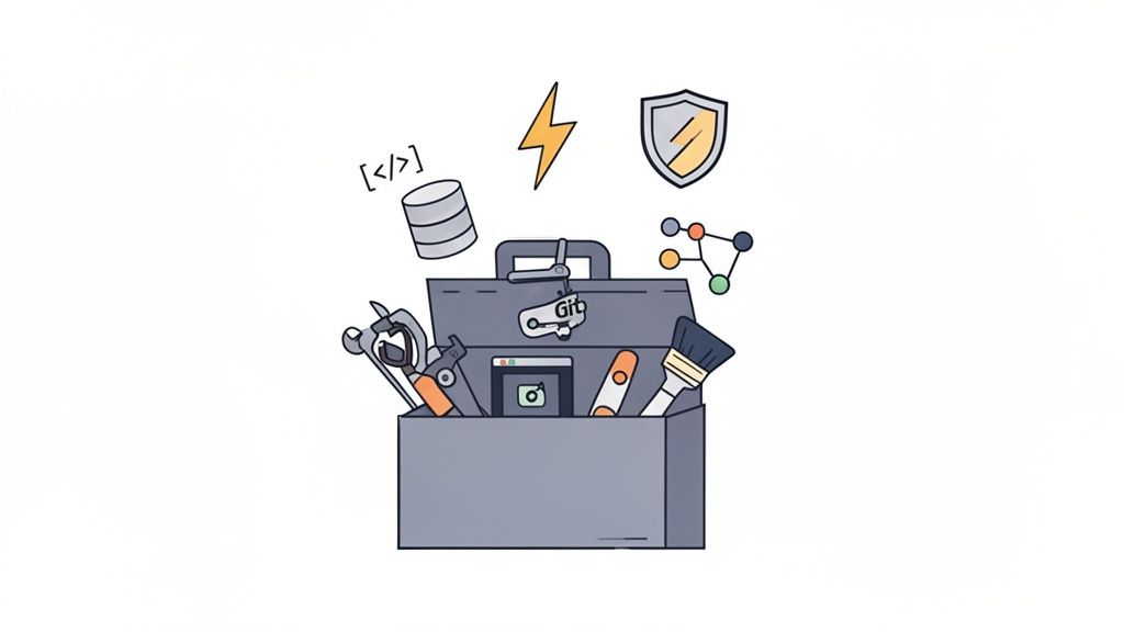 Caja de herramientas de desarrollador con iconos de programación, base de datos, seguridad y red.