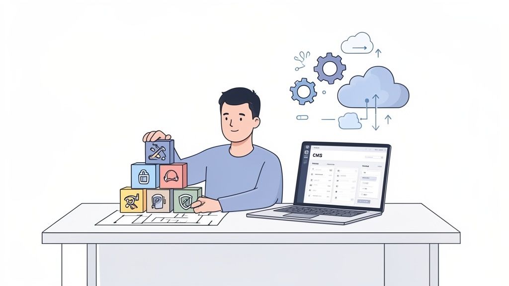 Hombre construyendo con bloques de iconos mientras trabaja en una laptop con CMS y elementos de nube.