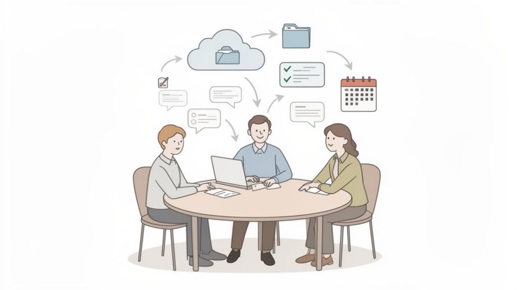 Tres personas colaboran en una mesa redonda con un portátil, gestionando documentos en la nube y organizando tareas y calendarios.
