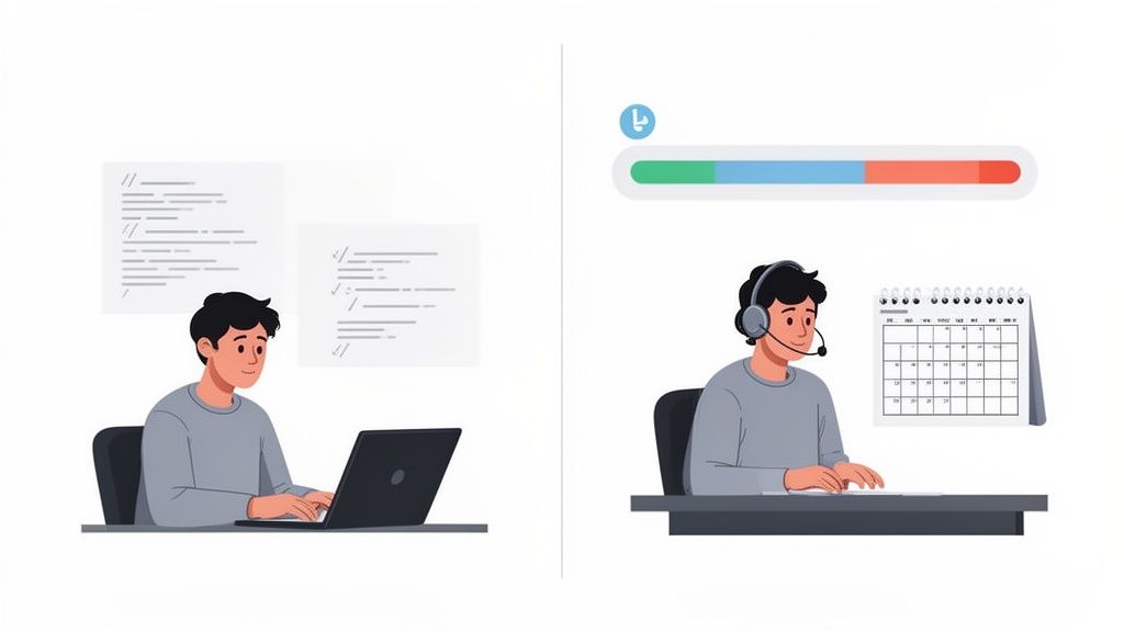 Ilustración de un hombre trabajando en programación en laptop y gestionando tareas con auriculares y calendario.