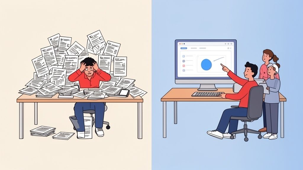 Contraste entre un trabajador estresado con documentos y un equipo colaborativo usando una herramienta digital.