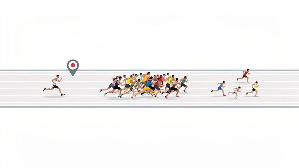 Numerosos corredores en una pista de atletismo con un marcador de ubicación, representando progreso y carrera.