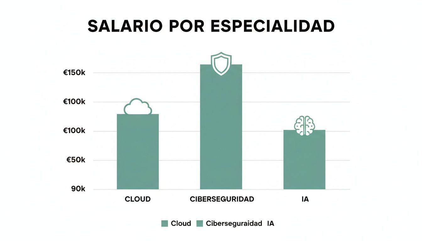 Gráfico de barras: salarios por especialidad. Ciberseguridad destaca sobre Cloud e IA en remuneración.