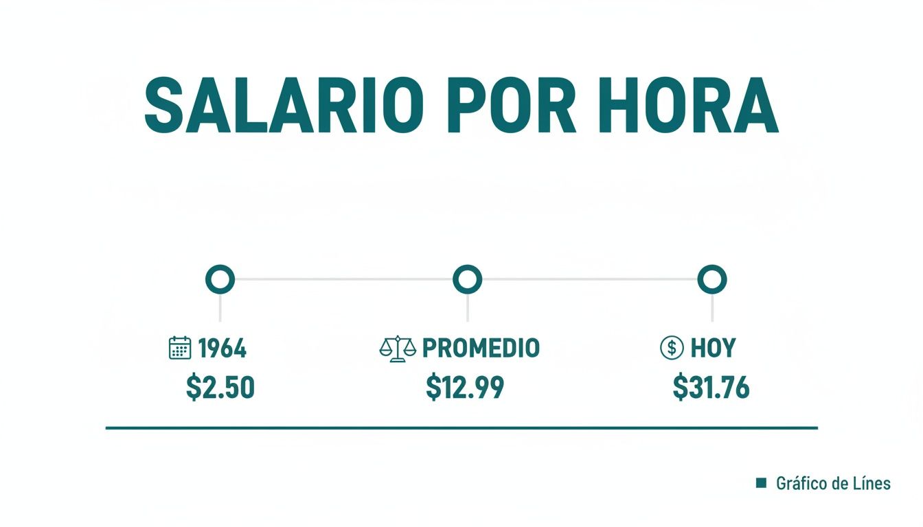 Infografía del salario por hora en Estados Unidos, mostrando los valores de 1964, promedio y hoy.