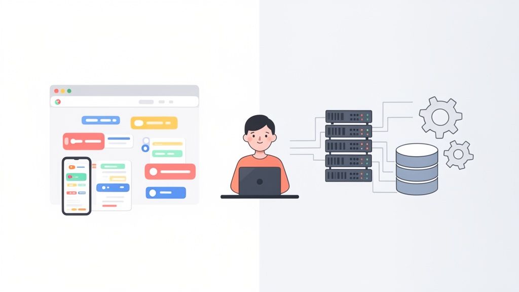 Desarrollador trabajando en una laptop con interfaces de usuario web y móvil, servidores y base de datos.