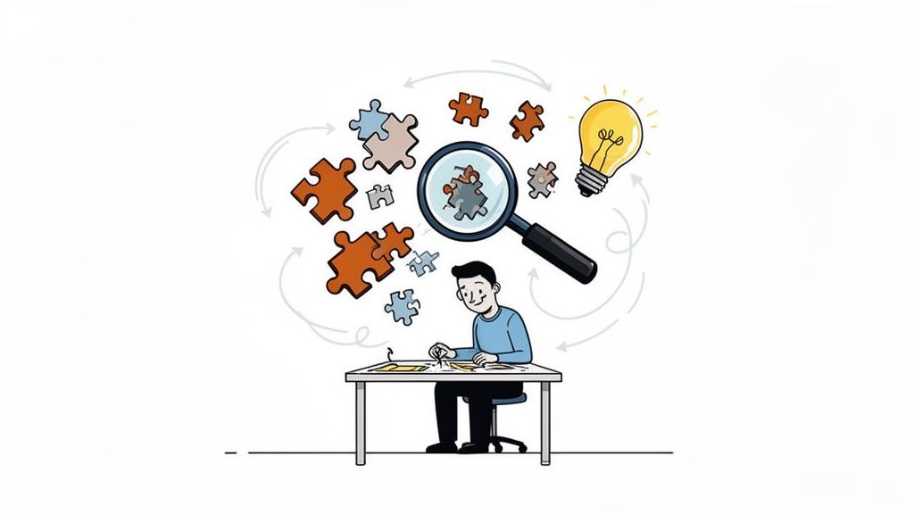 Un hombre resolviendo un rompecabezas con una lupa y una bombilla, simbolizando ideas y solución de problemas.