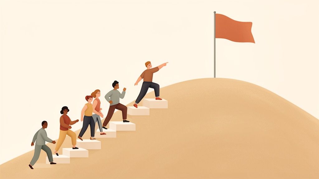 Grupo diverso de personas subiendo escaleras, liderados hacia una bandera, simbolizando metas y progreso.