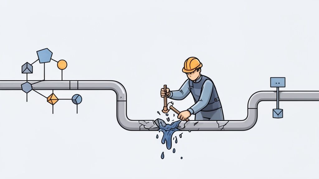 Hombre reparando una tubería rota con un martillo y cincel, simbolizando un problema en un sistema de datos.