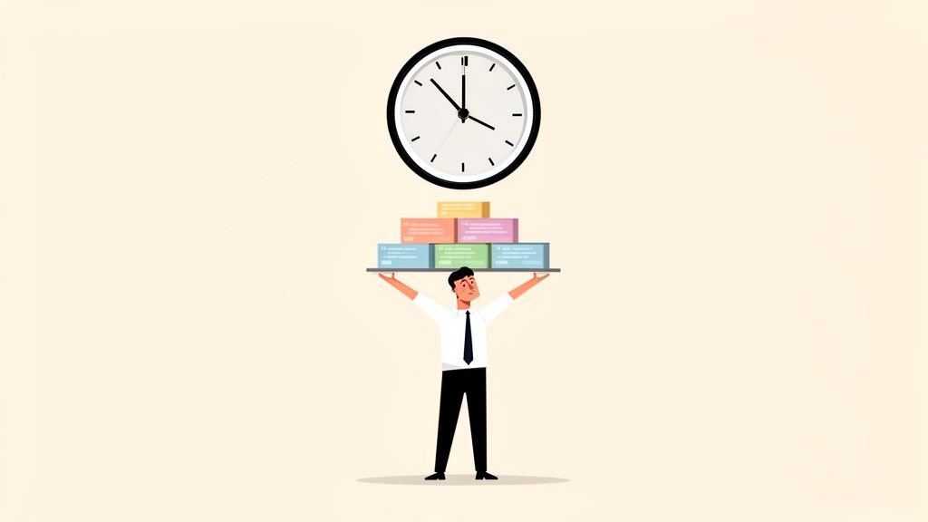 Un hombre de negocios sostiene una bandeja con muchas tareas bajo un reloj, simbolizando la gestión del tiempo y la presión.