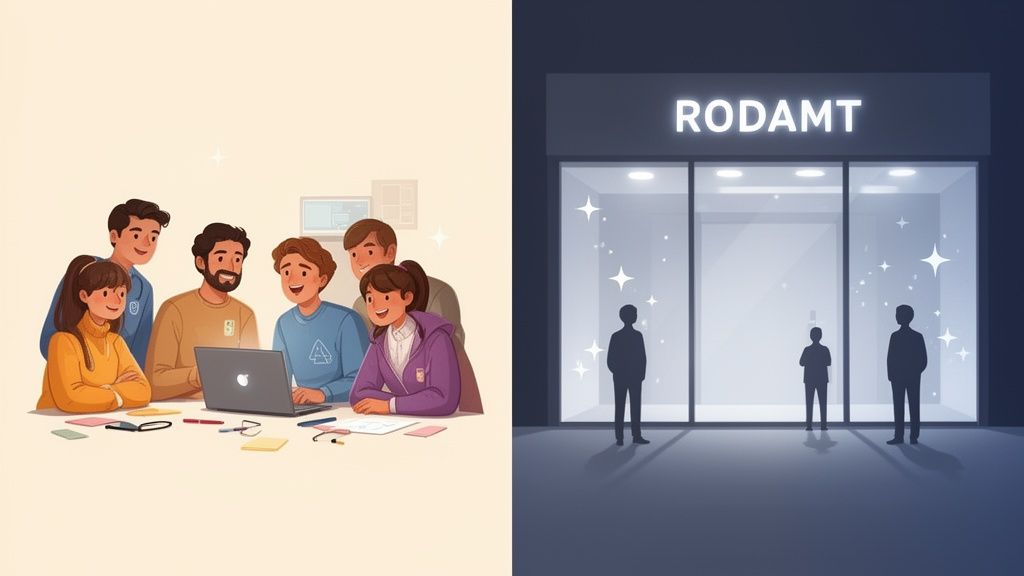 Un grupo de personas colaborando en una laptop, contrastando con la fachada de una tienda con clientes mirando.