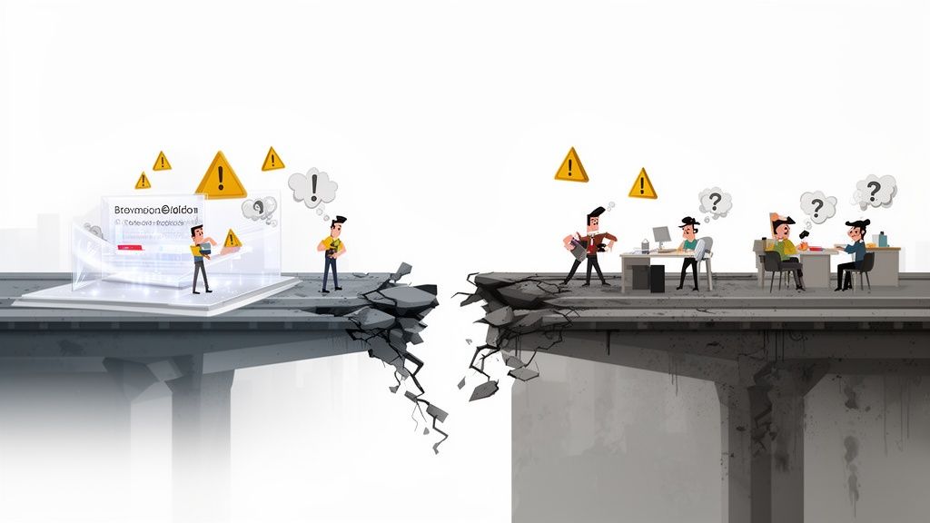 Un puente roto separa alertas digitales y trabajadores confundidos, simbolizando problemas de comunicación y brechas en el lugar de trabajo.
