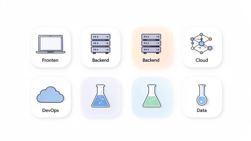 Iconos de conceptos de desarrollo de software como frontend, backend, nube, DevOps y datos.
