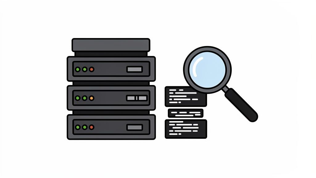 Una pila de servidores oscuros y una lupa examinando bloques de datos abstractos, simbolizando análisis de información.