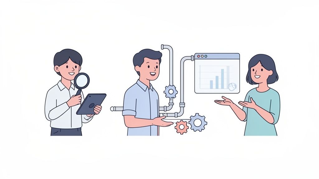Tres personas interactuando con un sistema de tuberías y engranajes que procesa datos mostrados en un panel.