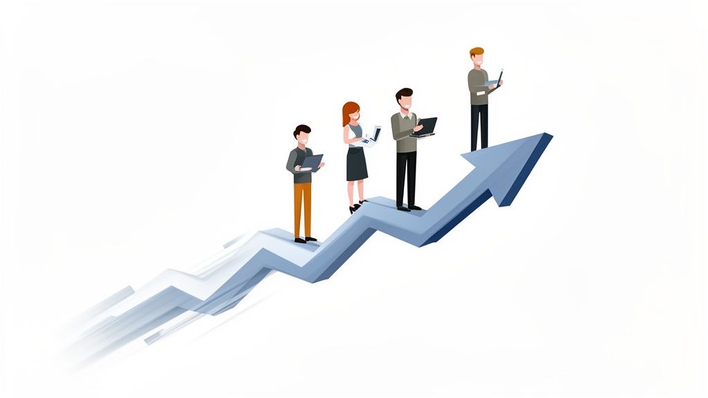 Cuatro personas con portátiles subiendo una flecha azul que indica crecimiento y progreso profesional.