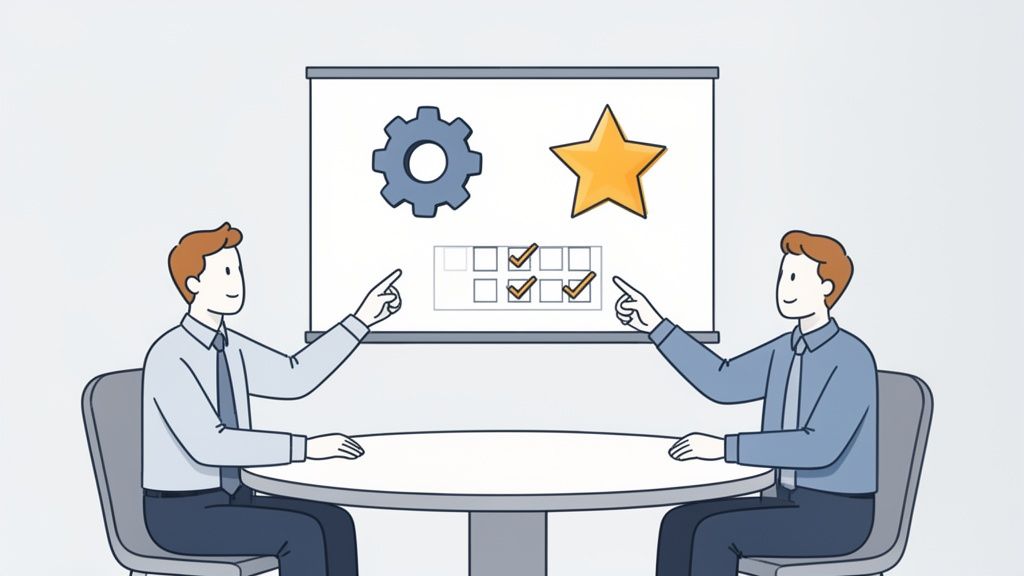 Dos hombres de negocios evalúan opciones en una pizarra con un engranaje, una estrella y casillas de verificación marcadas.