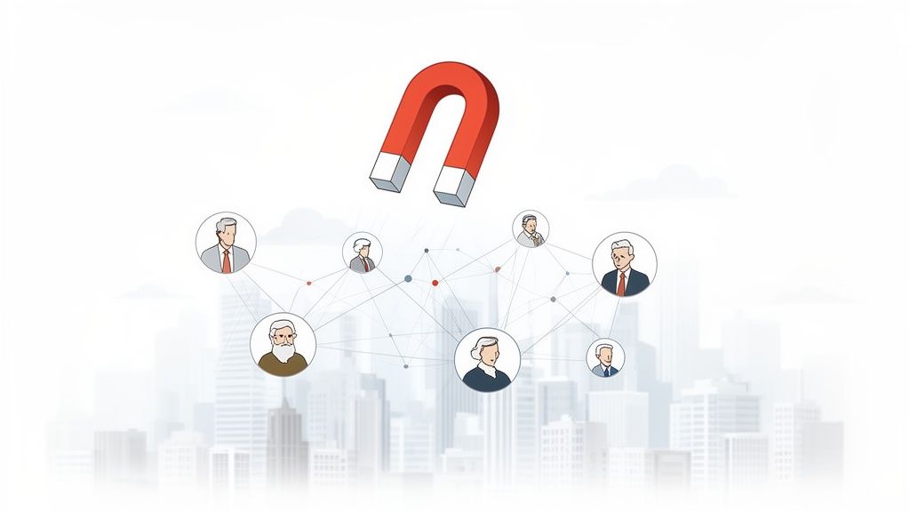Un imán rojo atrae una red de ejecutivos diversos sobre un fondo de ciudad, simbolizando la atracción de talento.