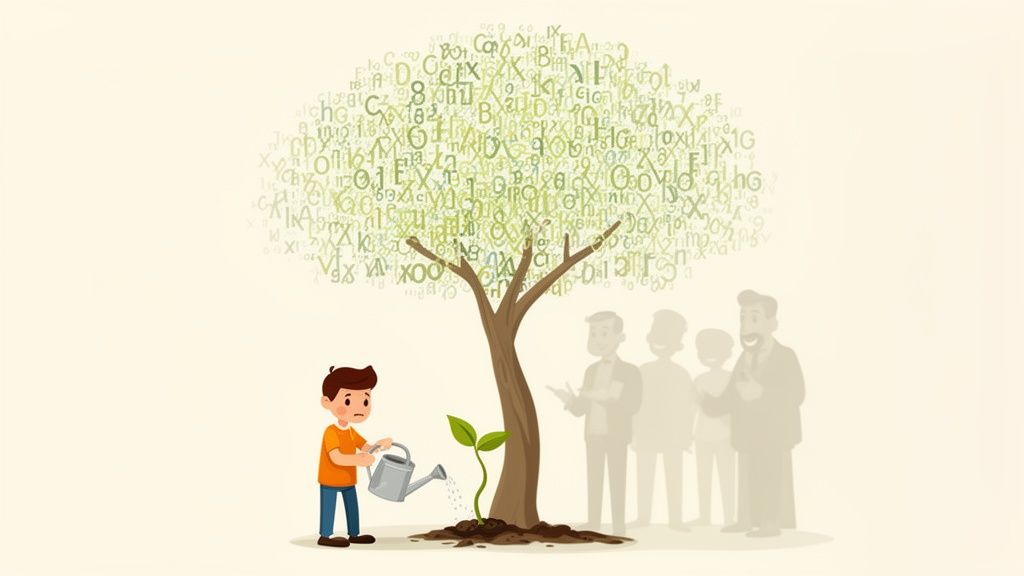 Un niño riega una plántula que crece en un árbol con hojas de letras y números, con sombras de adultos.