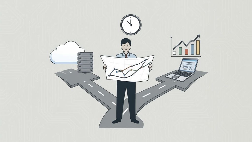 Hombre analiza gráfico en bifurcación, eligiendo entre nube de datos o productividad con laptop y crecimiento.