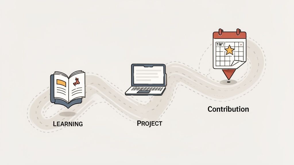 Ilustración de un camino con hitos para el desarrollo profesional: aprendizaje, proyecto y contribución.