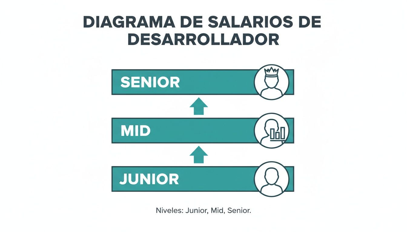 Diagrama de salarios para desarrolladores mostrando niveles Junior, Mid y Senior con progresión ascendente.