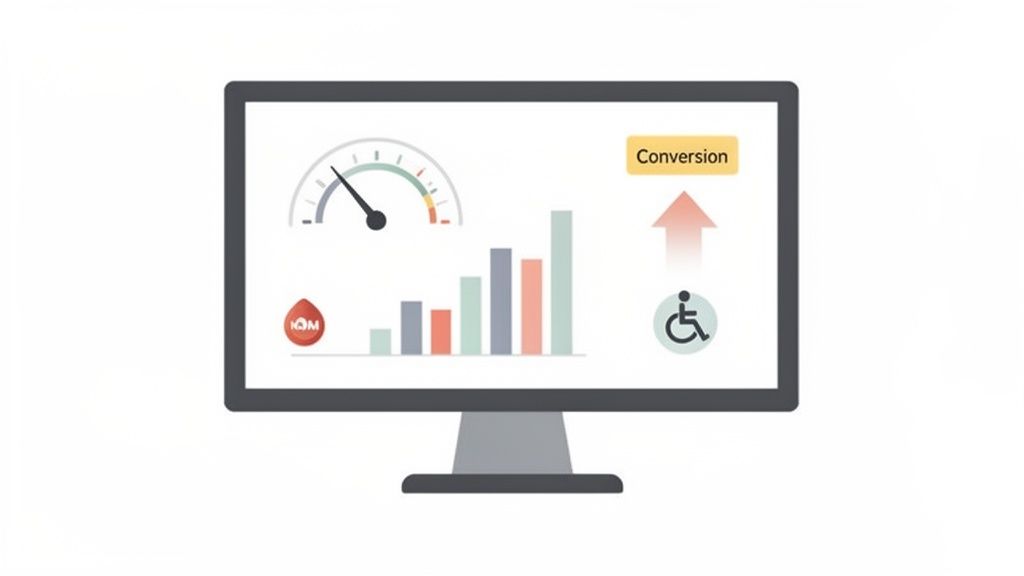 Monitor mostrando gráficos de rendimiento, conversión y un símbolo de accesibilidad, junto a un logo IOM.