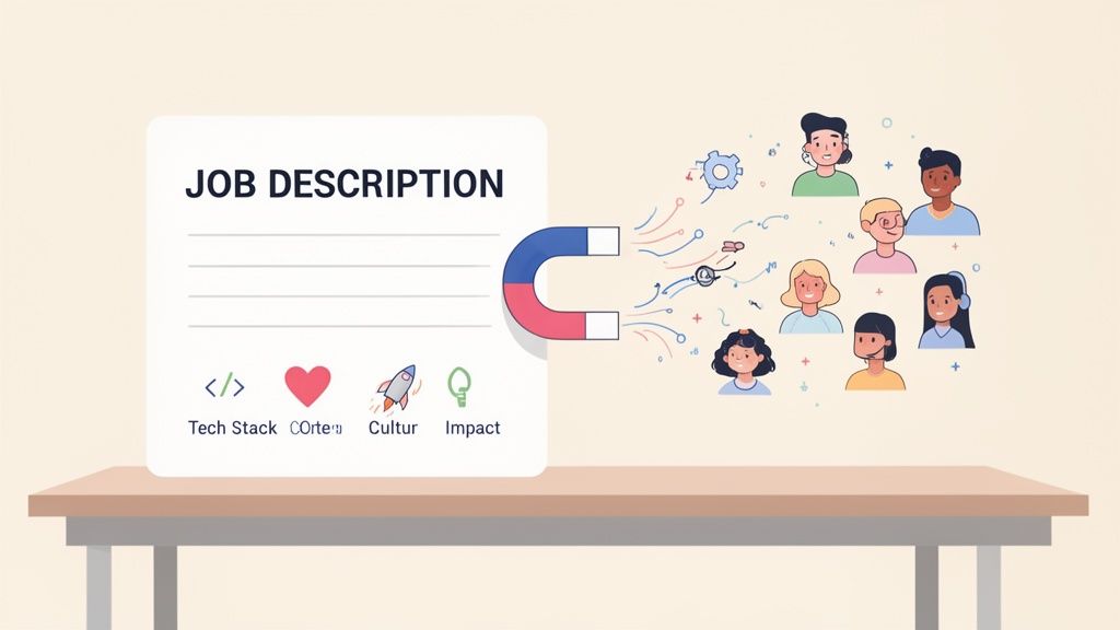 Descripción de puesto de trabajo atrayendo candidatos diversos con un imán, destacando tecnología y cultura.