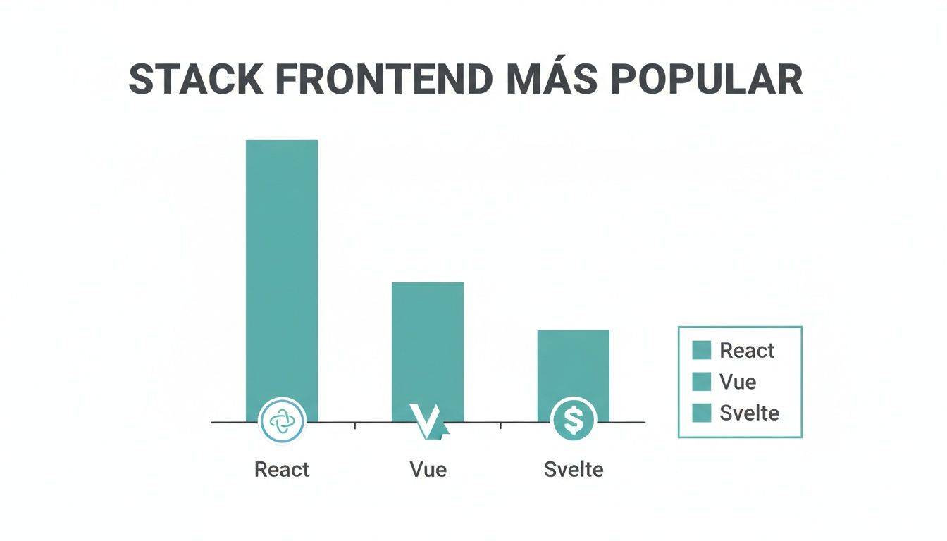 Gráfico de barras que compara la popularidad de los stacks frontend React, Vue y Svelte.
