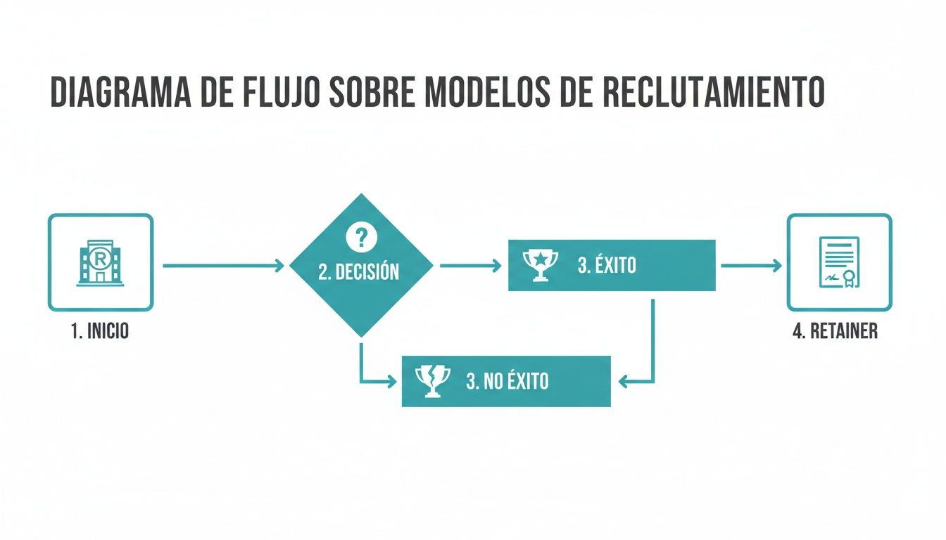 Diagrama de flujo que ilustra los modelos de reclutamiento, desde el inicio y la decisión, hasta el éxito, no éxito o retainer.