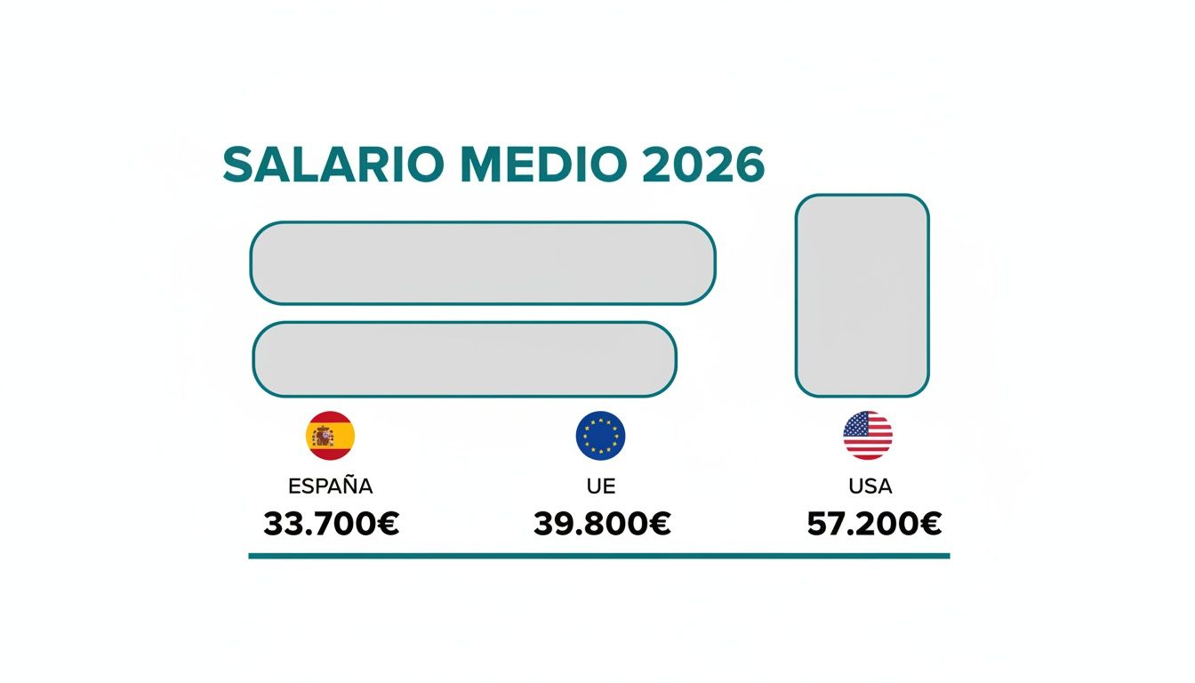 Gráfico comparativo del salario medio proyectado para 2026 en España, la UE y EE. UU.