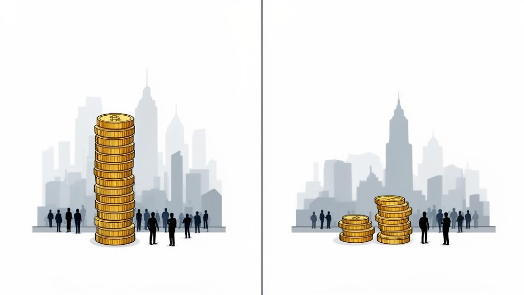 Dos paneles comparan grandes y pequeñas pilas de monedas, representando disparidad salarial en un entorno urbano.