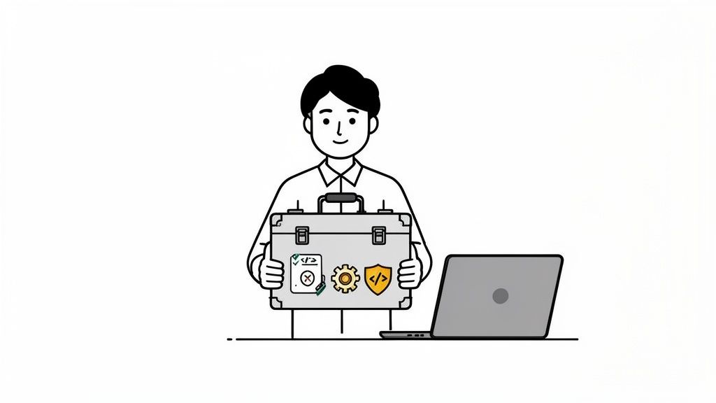 Un hombre sonríe mientras sostiene un maletín con iconos de calidad, código y seguridad, junto a un portátil.