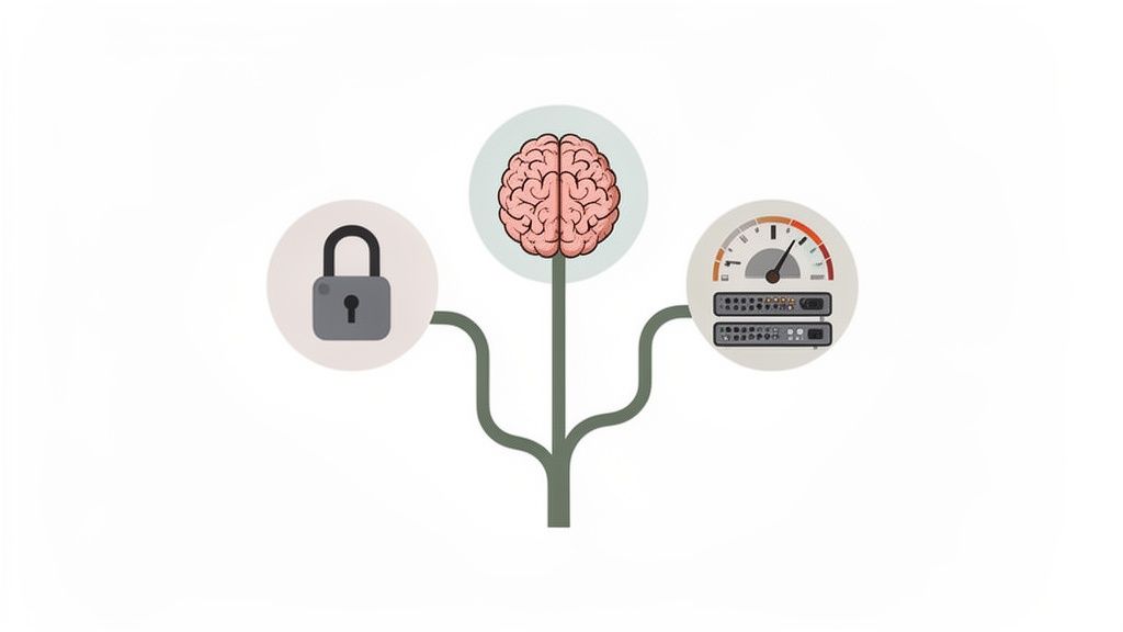 Cerebro central conectado a un candado de seguridad y a un medidor de rendimiento con equipo.