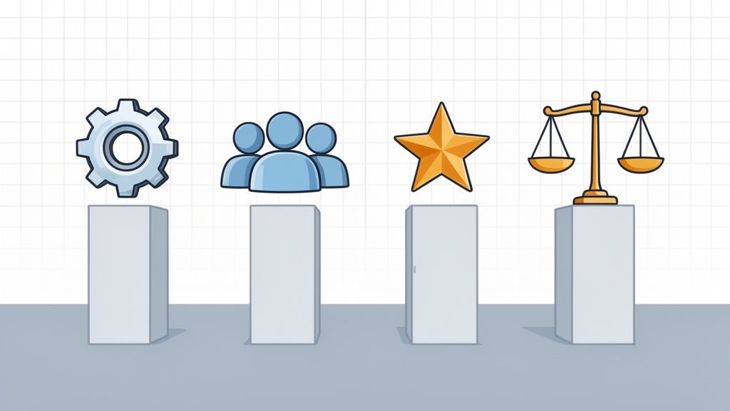 Cuatro iconos abstractos: un engranaje, un grupo de personas, una estrella y una balanza de justicia, sobre pedestales.