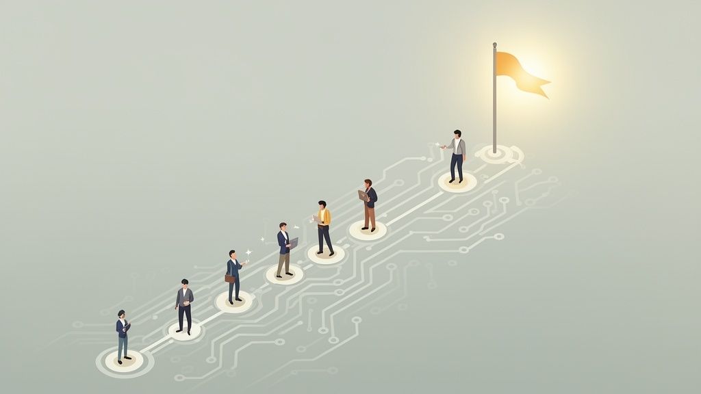 Personas en plataformas conectadas por circuitos, subiendo hacia una bandera brillante, simbolizando progreso y éxito profesional.